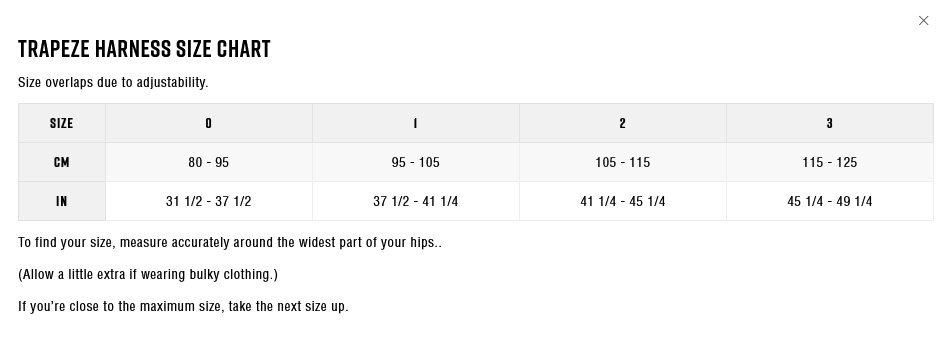 Zhik Harness Size Chart 23 0 Størrelsesskema